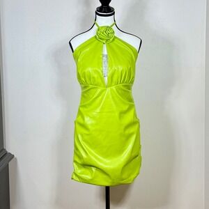 AKIRA Women Faux Leather Halter Mini Dress L Lime Green Rosette Y2K Baddie Party